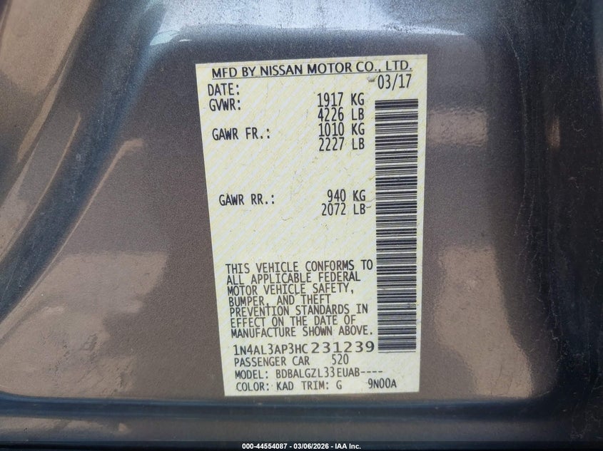 VIN 1N4AL3AP3HC231239 2017 NISSAN ALTIMA 2.5 S