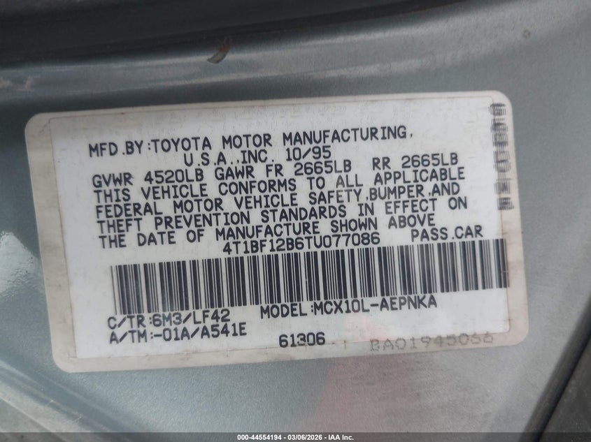 1996 Toyota Avalon Xl/Xls VIN: 4T1BF12B6TU077086 Lot: 44554194