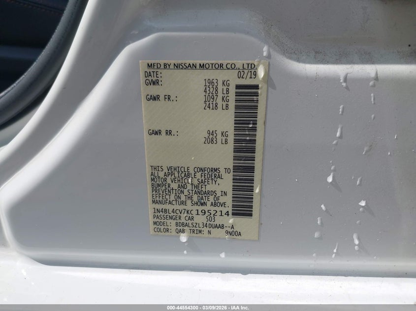 VIN 1N4BL4CV7KC195214 2019 NISSAN ALTIMA 2.5 SR