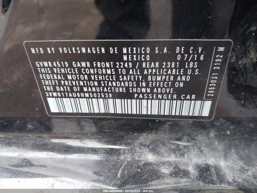 2017 Volkswagen Golf Sportwagen Tsi S VIN: 3VW017AU6HM502539 Lot: 44554406