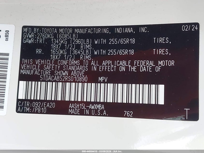 VIN 5TDACAB52RS010890 2024 TOYOTA GRAND HIGHLANDER HYBRID XLE
