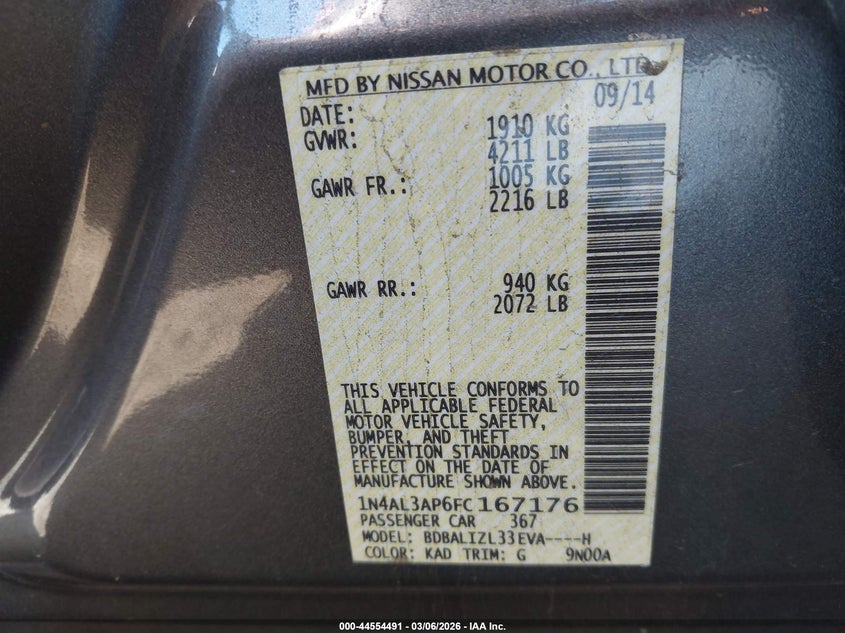 2015 Nissan Altima 2.5 Sv VIN: 1N4AL3AP6FC167176 Lot: 44554491