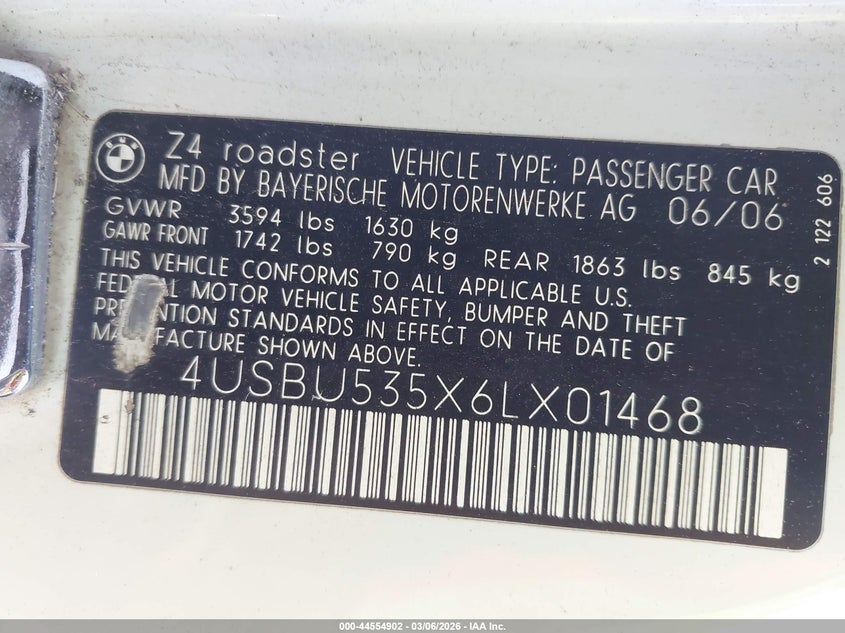 2006 BMW Z4 3.0Si VIN: 4USBU535X6LX01468 Lot: 44554902