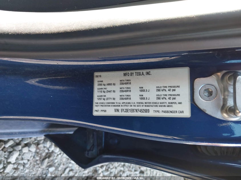 2019 Tesla Model 3 Long Range/Performance VIN: 5YJ3E1EB7KF452689 Lot: 44555193