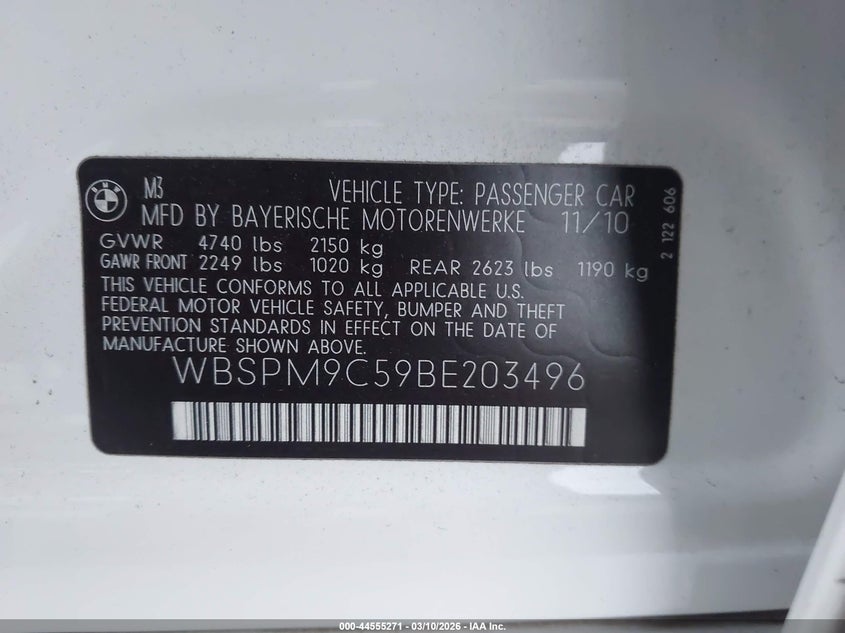 2011 BMW M3 VIN: WBSPM9C59BE203496 Lot: 44555271