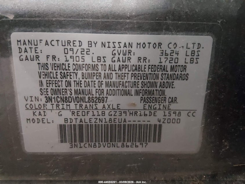 2022 Nissan Versa 1.6 S Xtronic Cvt VIN: 3N1CN8DV0NL862697 Lot: 44555281