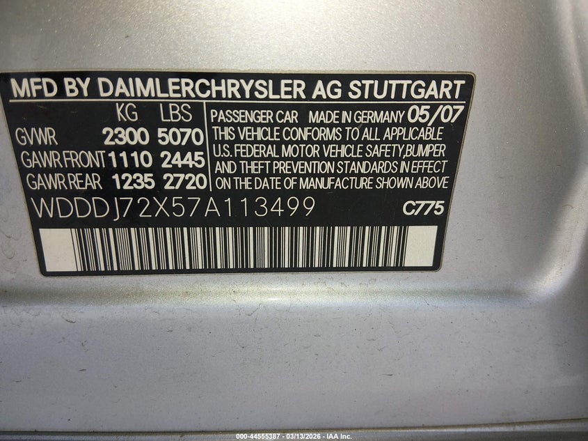2007 Mercedes-Benz Cls 550 VIN: WDDDJ72X57A113499 Lot: 44555387