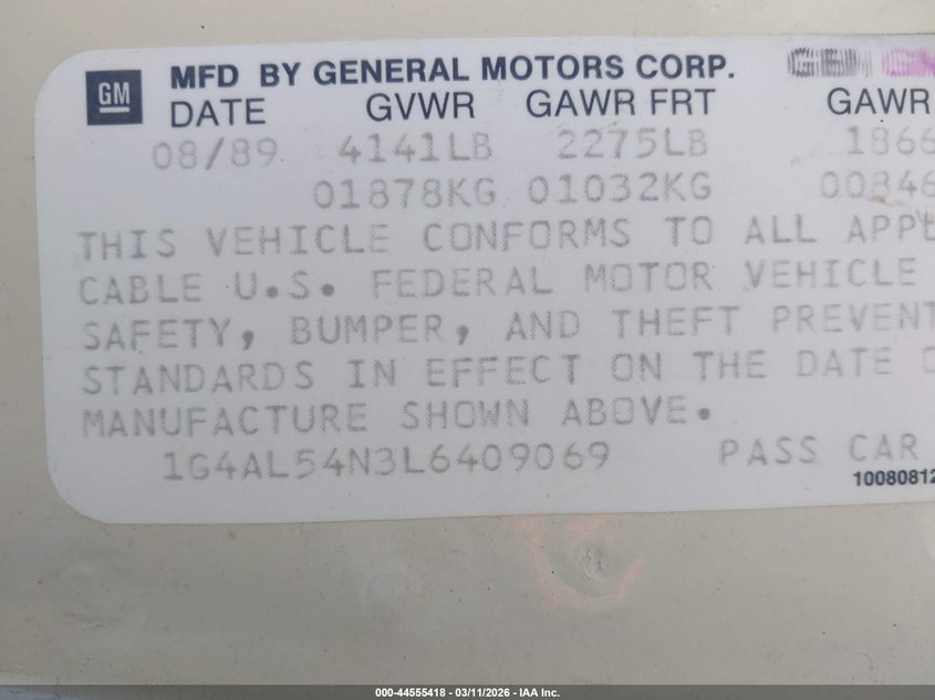 1990 Buick Century Limited VIN: 1G4AL54N3L6409069 Lot: 44555418