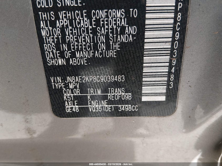 2012 Nissan Quest S VIN: JN8AE2KP8C9039483 Lot: 44555438