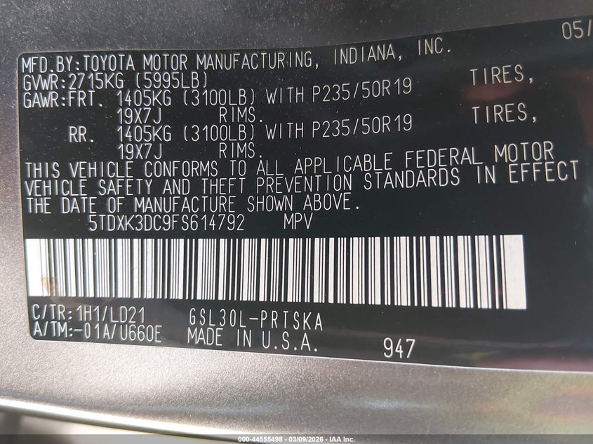 2015 Toyota Sienna Se 8 Passenger VIN: 5TDXK3DC9FS614792 Lot: 44555498