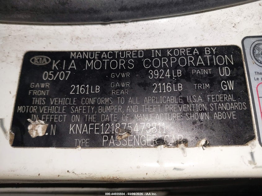 2007 Kia Spectra Ex VIN: KNAFE121875473811 Lot: 44555504