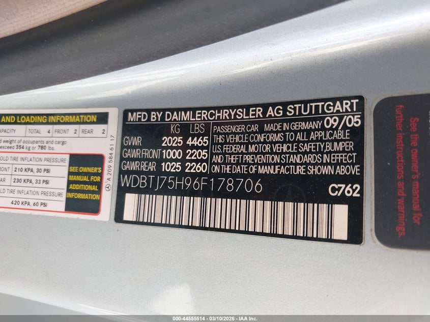 2006 Mercedes-Benz Clk 500 VIN: WDBTJ75H96F178706 Lot: 44555514