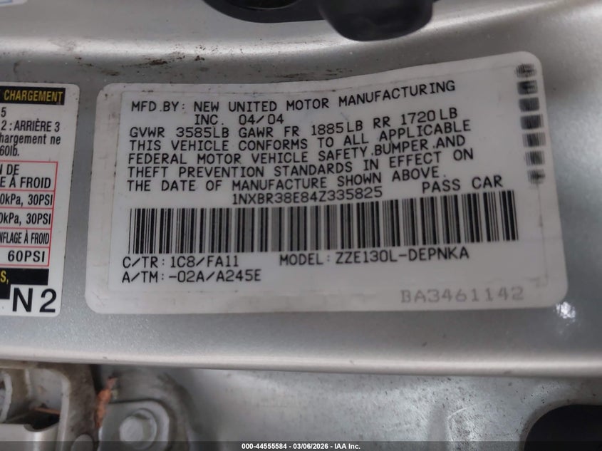 2004 Toyota Corolla Le VIN: 1NXBR38E84Z335825 Lot: 44555584