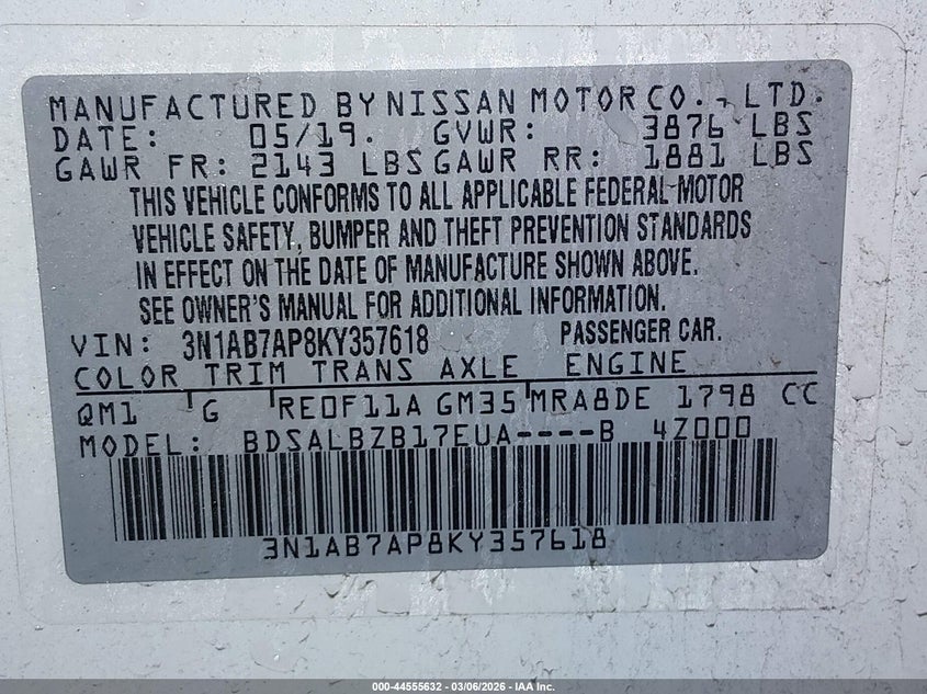 2019 Nissan Sentra S VIN: 3N1AB7AP8KY357618 Lot: 44555632