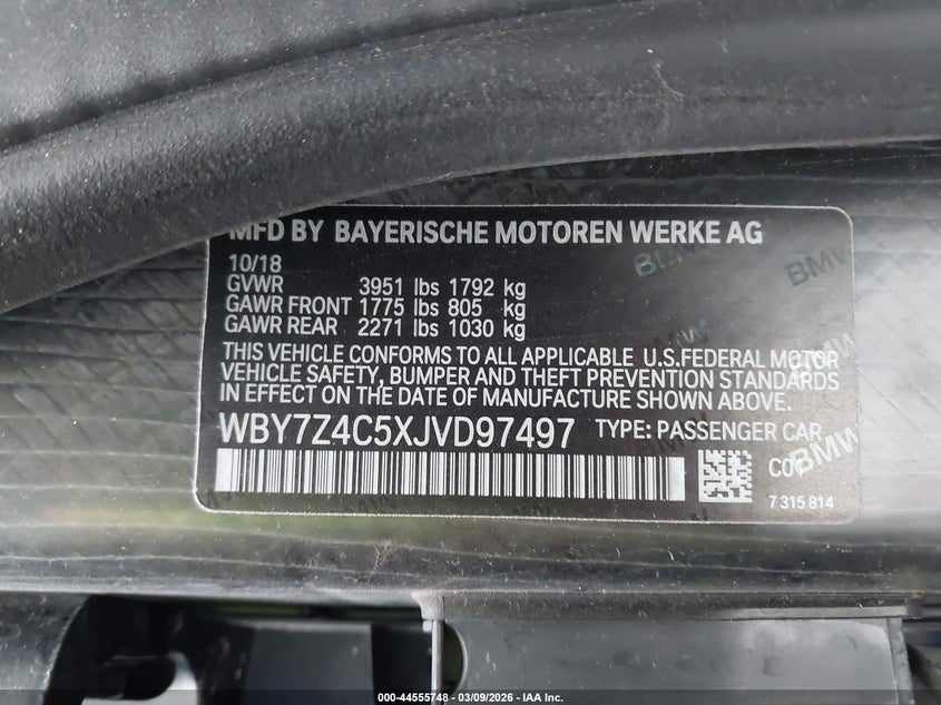 2018 BMW I3 94Ah W/Range Extender VIN: WBY7Z4C5XJVD97497 Lot: 44555748