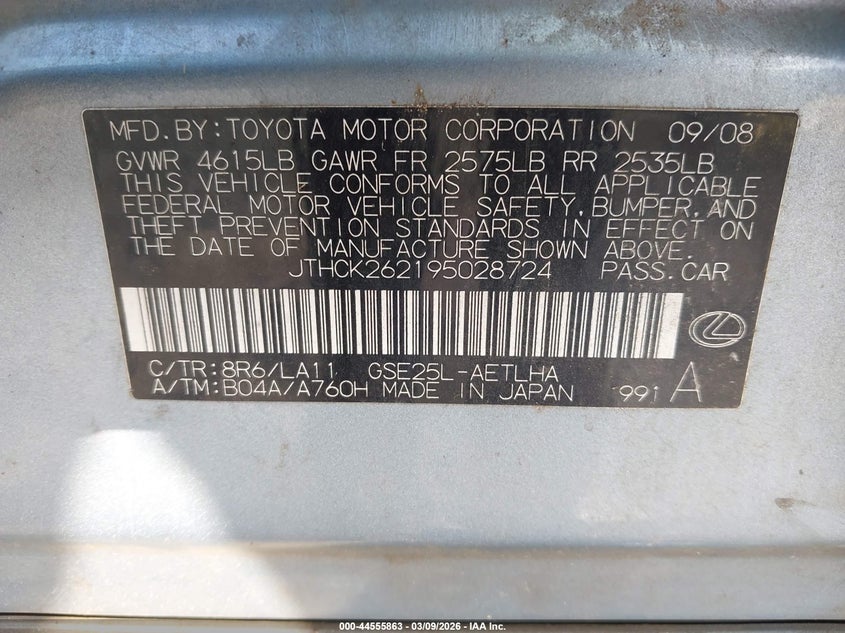 2009 Lexus Is 250 VIN: JTHCK262195028724 Lot: 44555863