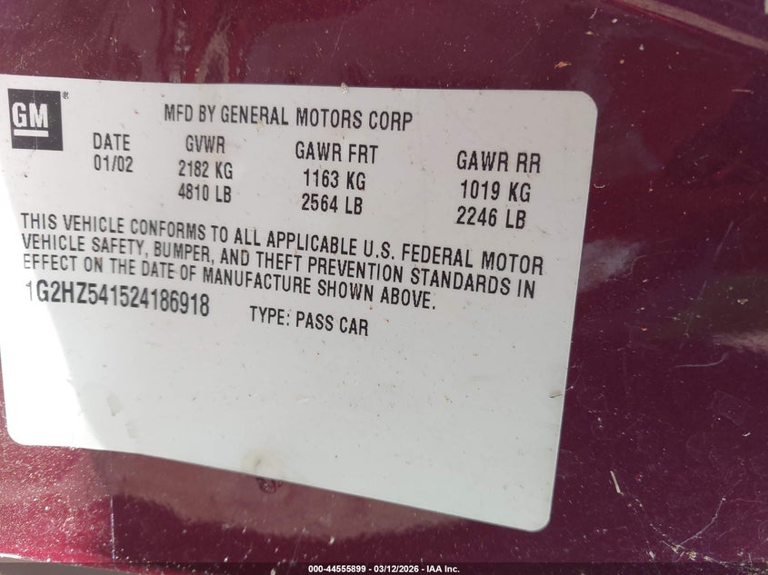 2002 Pontiac Bonneville Ssei VIN: 1G2HZ541524186918 Lot: 44555899
