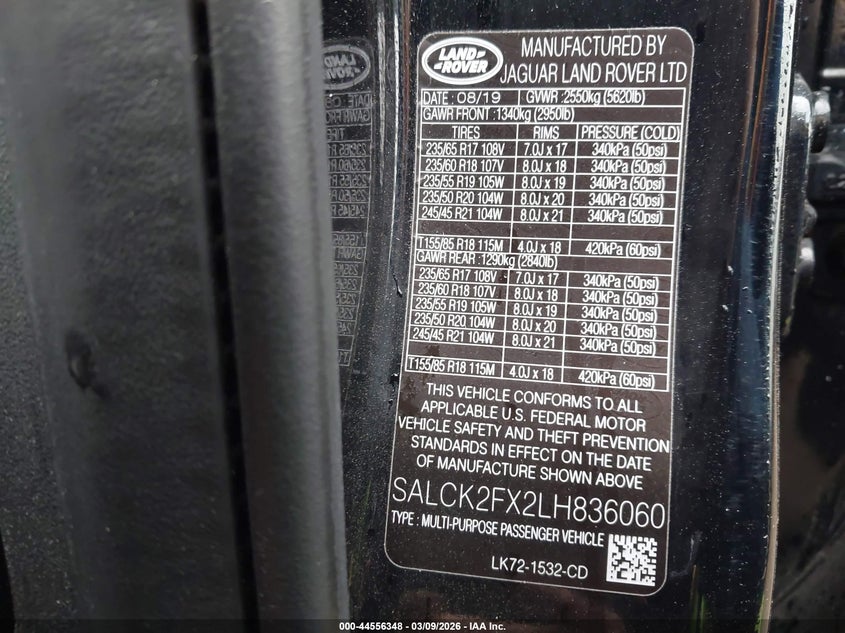 2020 Land Rover Discovery Sport Standard VIN: SALCK2FX2LH836060 Lot: 44556348