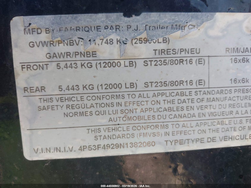 2022 PJ TRAILERS UNKNOWN (VIN: 4P53F4929N1382060