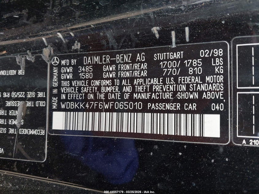 1998 Mercedes-Benz Slk 230 VIN: WDBKK47F6WF065010 Lot: 44557179