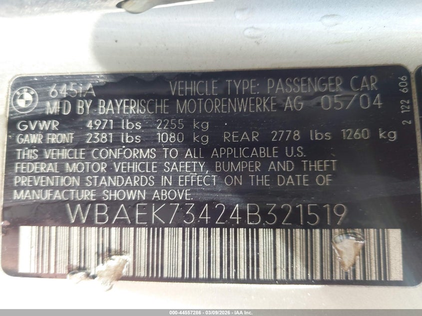 2004 BMW 645Ci VIN: WBAEK73424B321519 Lot: 44557286