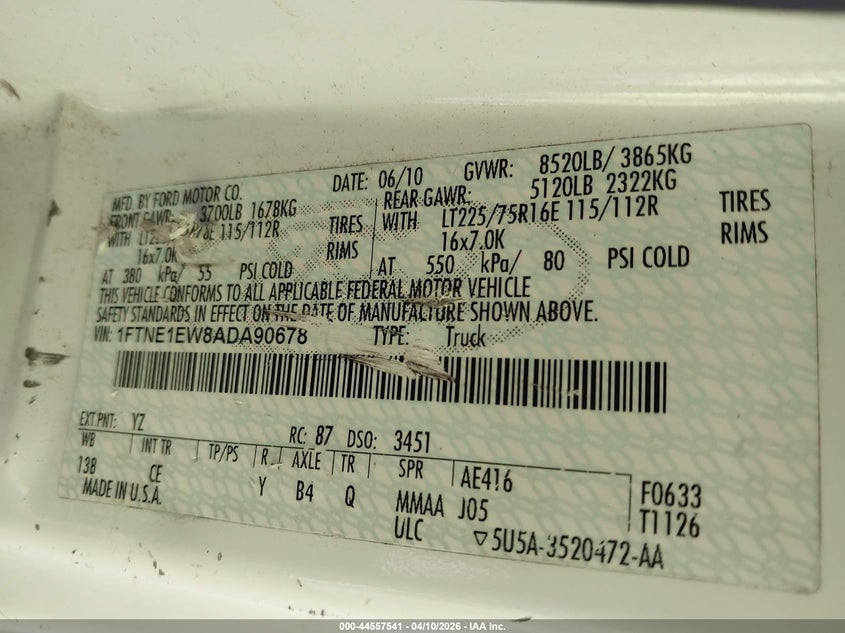 2010 Ford E-150 Commercial/Recreational VIN: 1FTNE1EW8ADA90678 Lot: 44557541