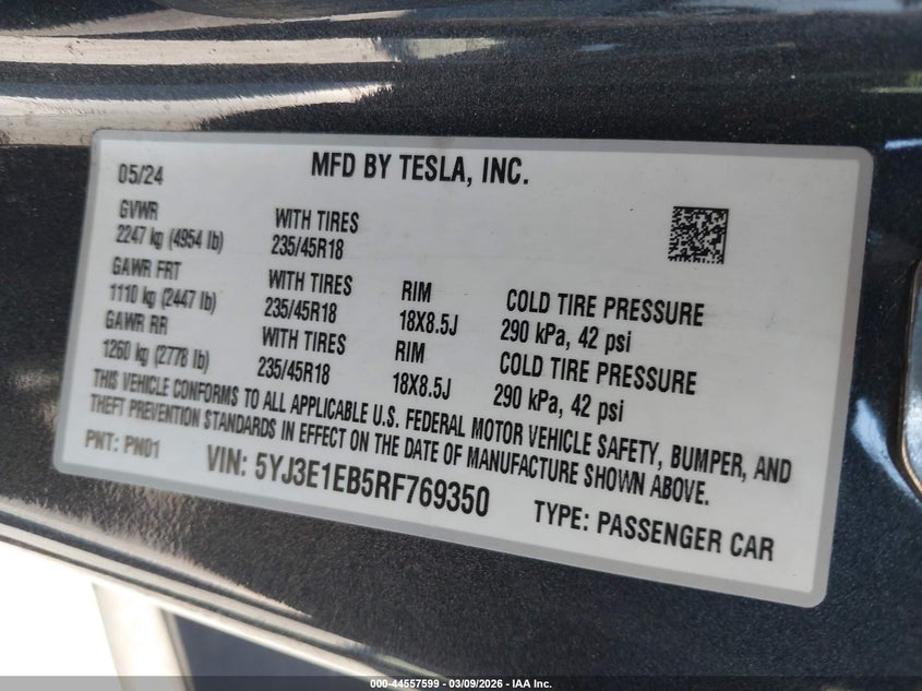 2024 TESLA MODEL 3 VIN: 5YJ3E1EB5RF769350