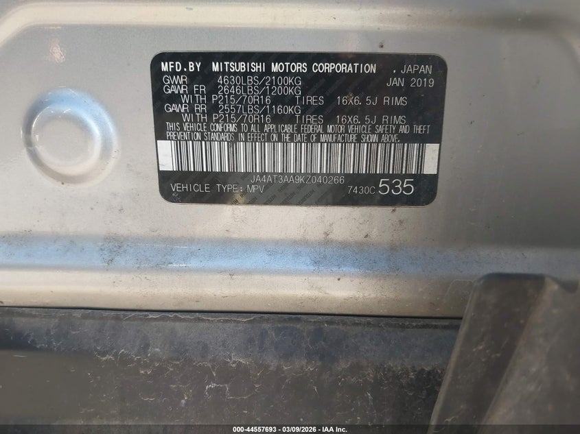 2019 Mitsubishi Eclipse Cross Es VIN: JA4AT3AA9KZ040266 Lot: 44557693