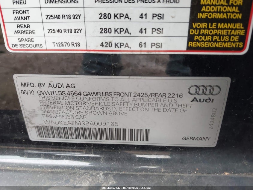 2011 Audi A3 2.0T Premium VIN: WAUKEAFM3BA009165 Lot: 44557747