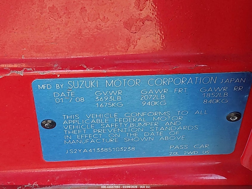 2008 Suzuki Sx4 Convenience Regional Edition/Regional Edition/Touring 2 Regional Edition VIN: JS2YA413385103238 Lot: 44557892