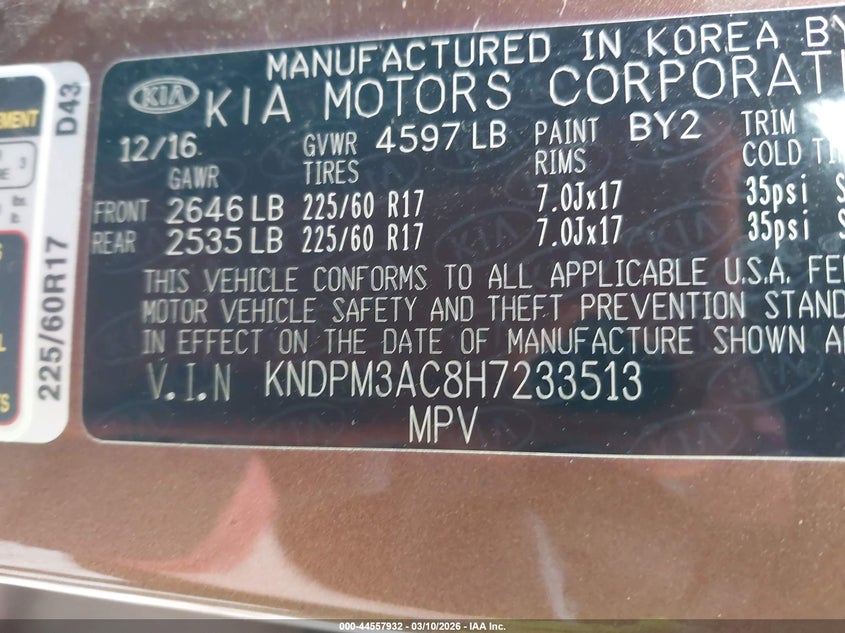 2017 Kia Sportage Lx VIN: KNDPM3AC8H7233513 Lot: 44557932