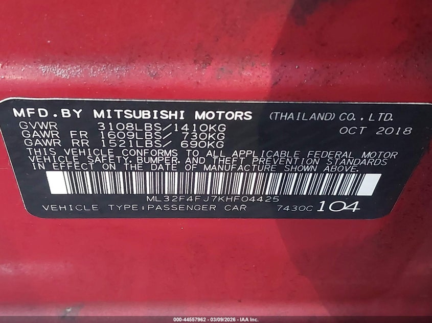 2019 Mitsubishi Mirage G4 Se VIN: ML32F4FJ7KHF04425 Lot: 44557962