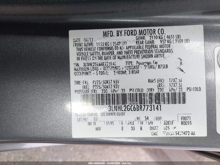 2011 LINCOLN MKZ SEDAN 3.5L V-6 DOHC, VVT, 263HP