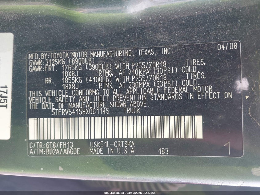 2008 Toyota Tundra Sr5 5.7L V8 VIN: 5TFRV54158X061145 Lot: 44558363