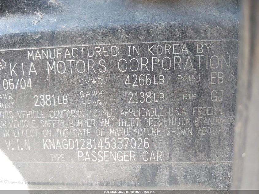 2004 Kia Optima Ex V6/Lx V6 VIN: KNAGD128145357026 Lot: 44558482