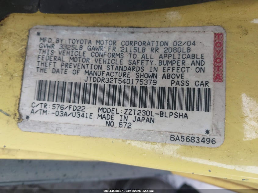 2004 Toyota Celica Gt VIN: JTDDR32T540175379 Lot: 44558697