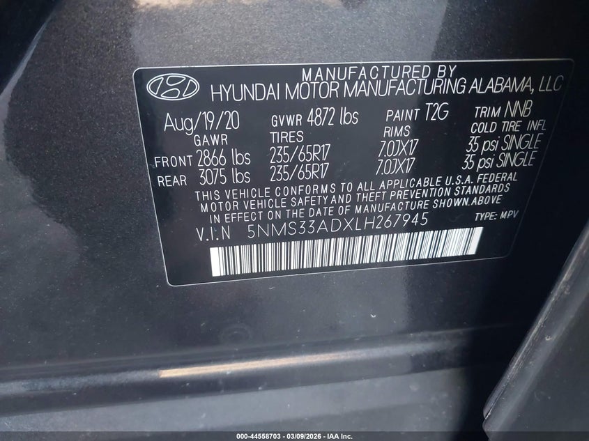 2020 Hyundai Santa Fe Sel VIN: 5NMS33ADXLH267945 Lot: 44558703