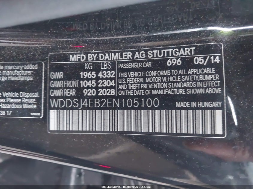 2014 Mercedes-Benz Cla 250 VIN: WDDSJ4EB2EN105100 Lot: 44558715