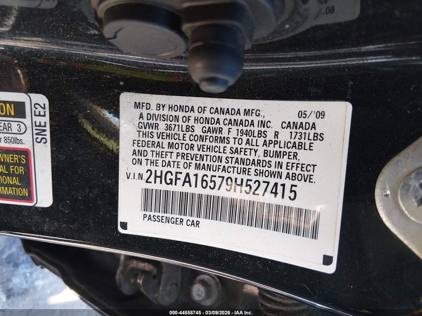 HONDA CIVIC 2009 VIN 2HGFA16579H527415