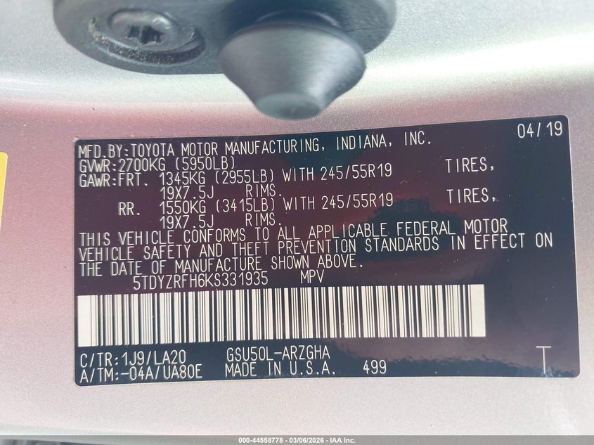 2019 Toyota Highlander Limited VIN: 5TDYZRFH6KS331935 Lot: 44558778