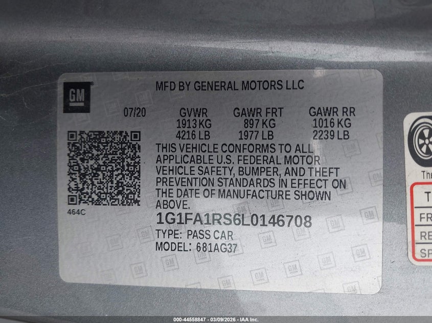 2020 Chevrolet Camaro Rwd 1Lt VIN: 1G1FA1RS6L0146708 Lot: 44558847