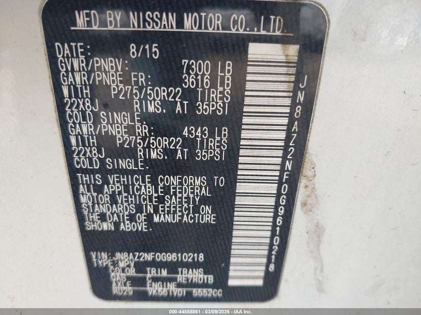 2016 Infiniti Qx80 VIN: JN8AZ2NF0G9610218 Lot: 44558861