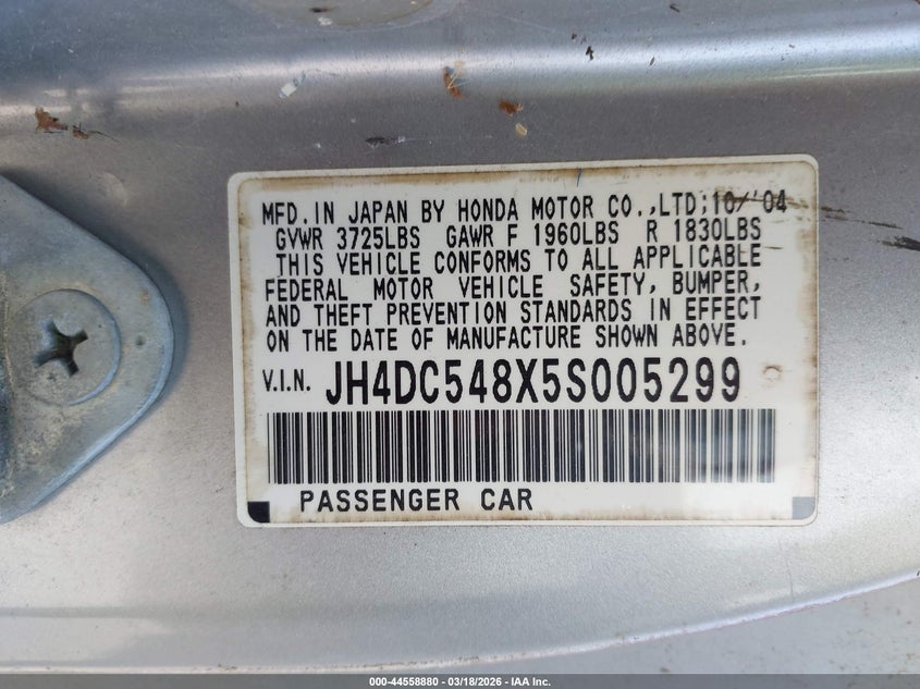 2005 Acura Rsx VIN: JH4DC548X5S005299 Lot: 44558880
