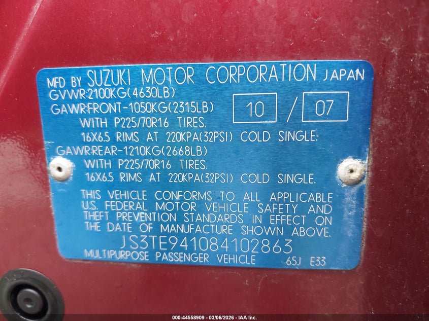 2008 Suzuki Grand Vitara Appearance/Appearance + VIN: JS3TE941084102863 Lot: 44558909