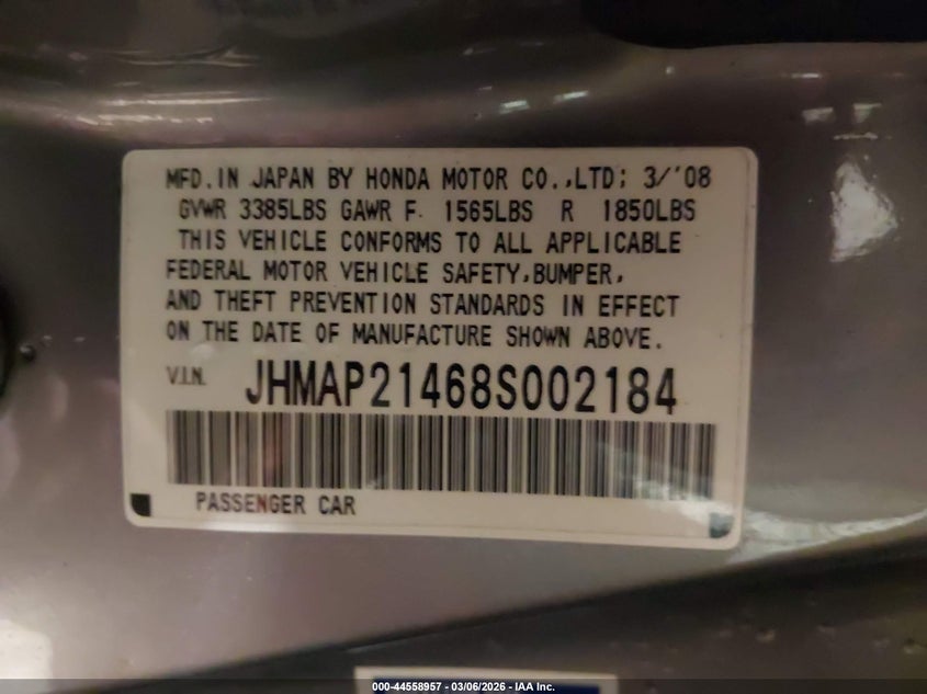 2008 Honda S2000 VIN: JHMAP21468S002184 Lot: 44611590