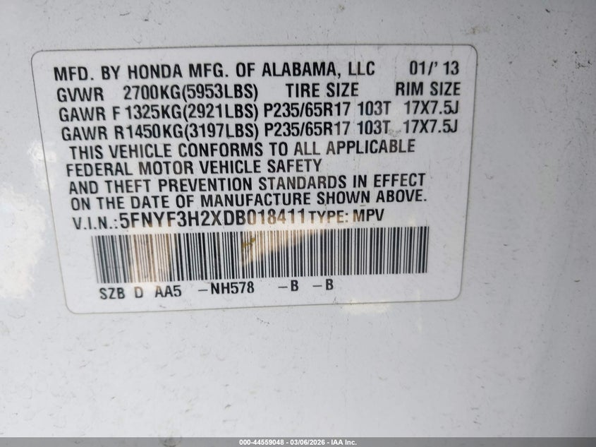 2013 Honda Pilot Lx VIN: 5FNYF3H2XDB018411 Lot: 44559048