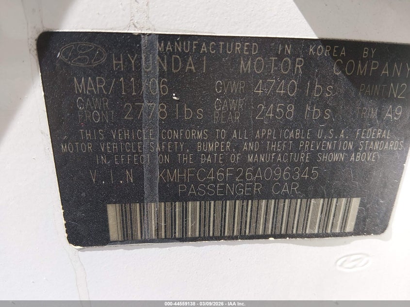 2006 Hyundai Azera Limited/Se VIN: KMHFC46F26A096345 Lot: 44559138