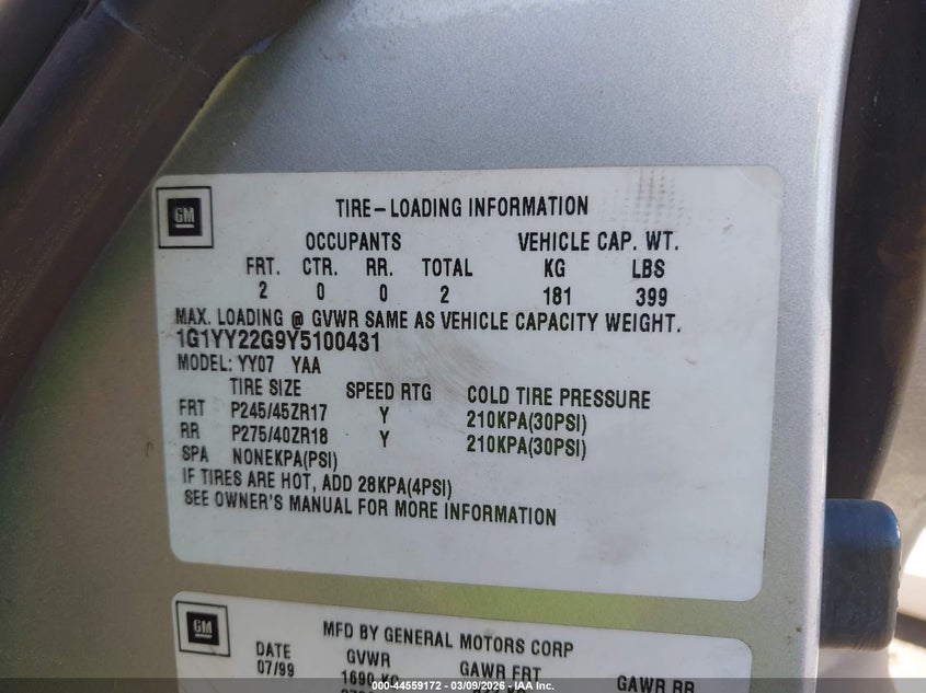 2000 Chevrolet Corvette VIN: 1G1YY22G9Y5100431 Lot: 44559172