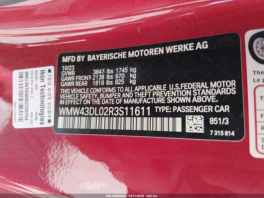 2024 Mini Convertible Cooper S VIN: WMW43DL02R3S11611 Lot: 44559369