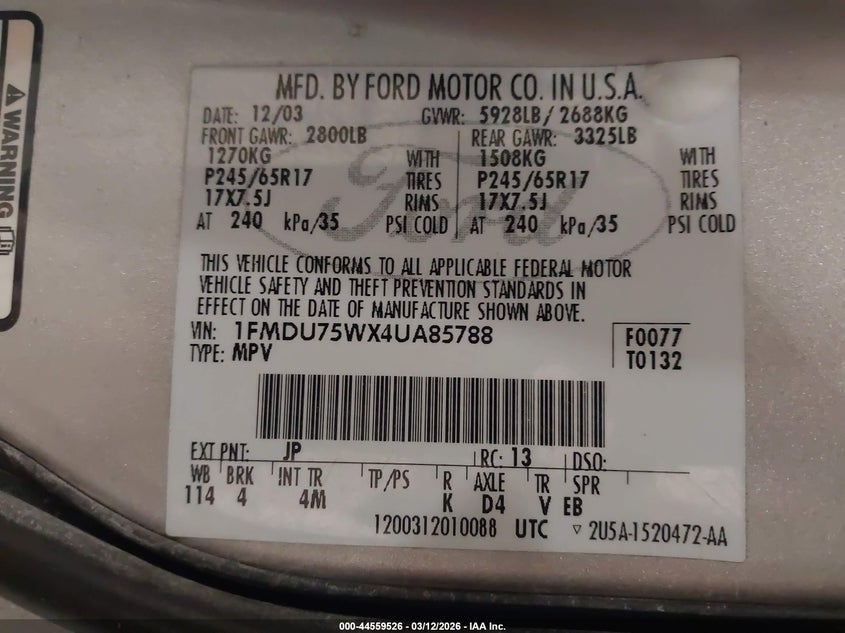 2004 Ford Explorer Limited VIN: 1FMDU75WX4UA85788 Lot: 44559526
